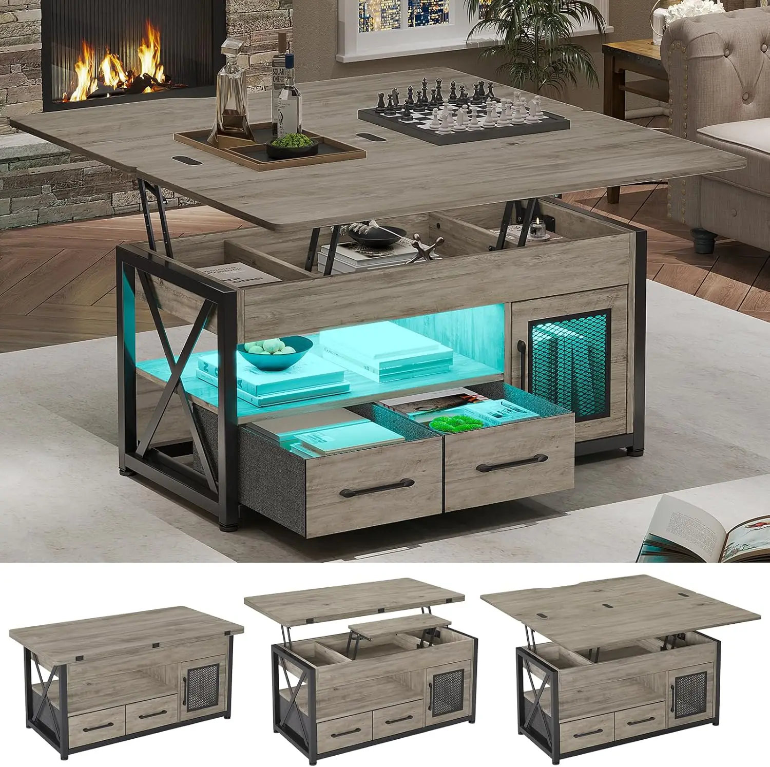 40" Lift Top Coffee Table, 4 in 1 Coffee Tables with Storage Cabinet for Living Room, Small Farmhouse Coffee Table with 2 - Image 9