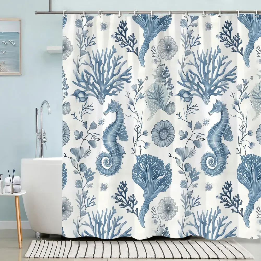 Turtle Shower Curtain Summer Beach Anchor Nautical Starfish Watercolour Art Creative Polyester Shower Curtains Bathroom Decor - Image 9