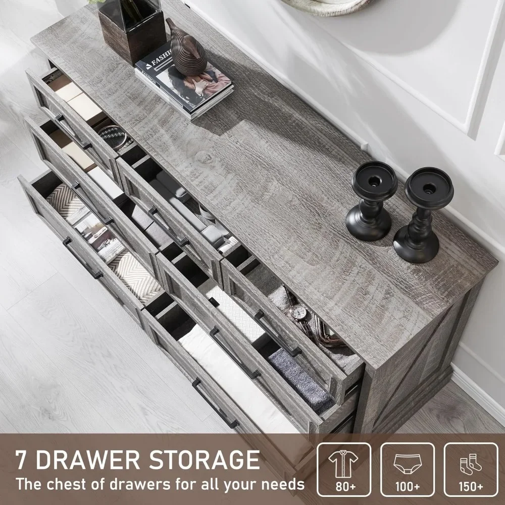 7 Drawer Dresser, Farmhouse Chest of Drawers for Bedroom, 52" Wide Kids Dresser TV Stand with Large Metal Handles - Image 4