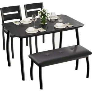 Dining Table Set for 4 Sturdy Wooden Kitchen Table with Chamfer Designd Metal Legs Upholstered Bench 2 Classic Dinner Chairs K