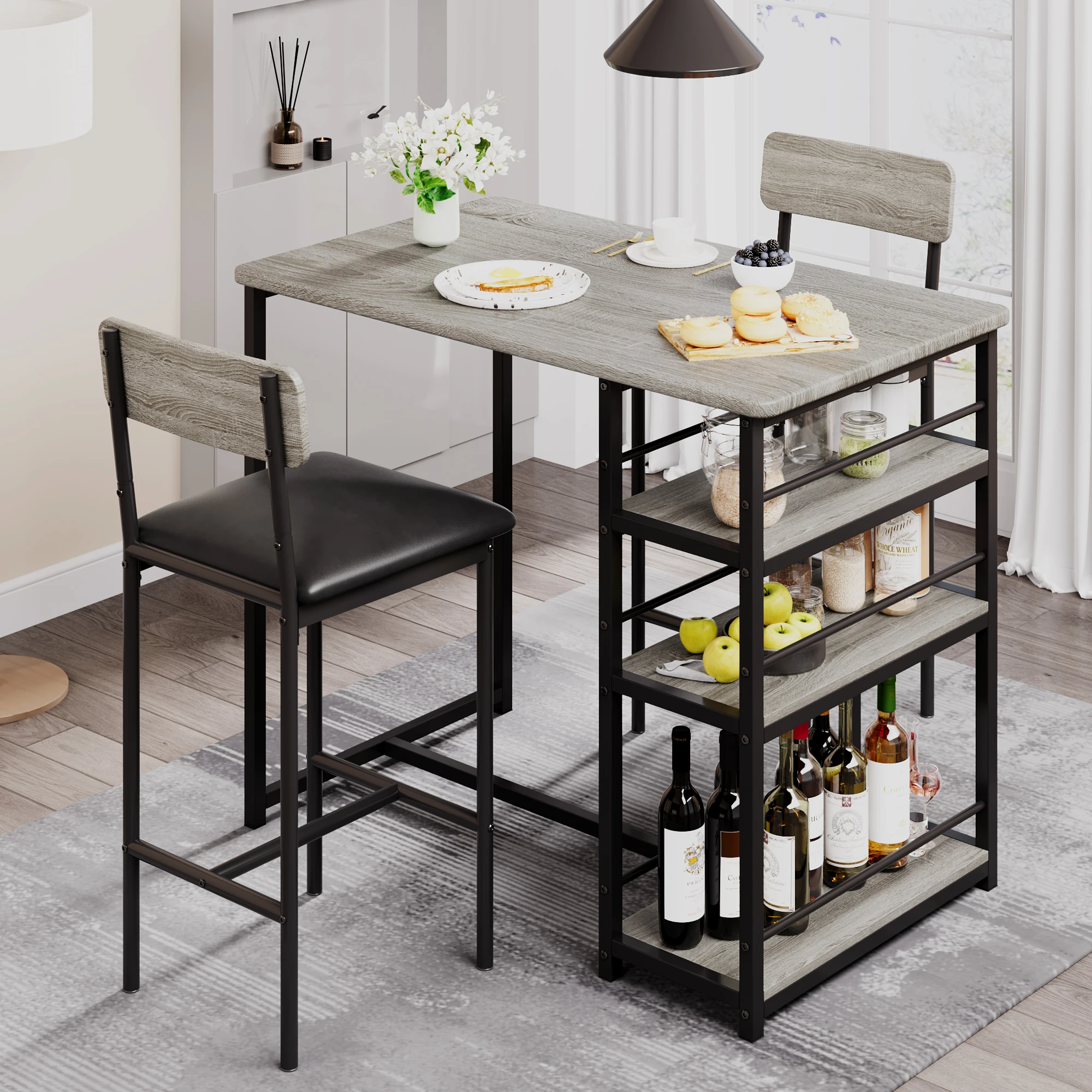 Dining Table Set with 3-Tier Shelves Bar Kitchen Table Set with 2 Padded Chairs 3-Piece Kitchen Table Set for Home, Small Space - Image 6