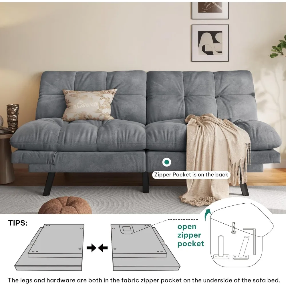 Convertible Futon Sofa Bed with Cat-Scratch-Proof Fabric, Adjustable Backrest and Armrest, Modern Loveseat Sleeper Couch - Image 5