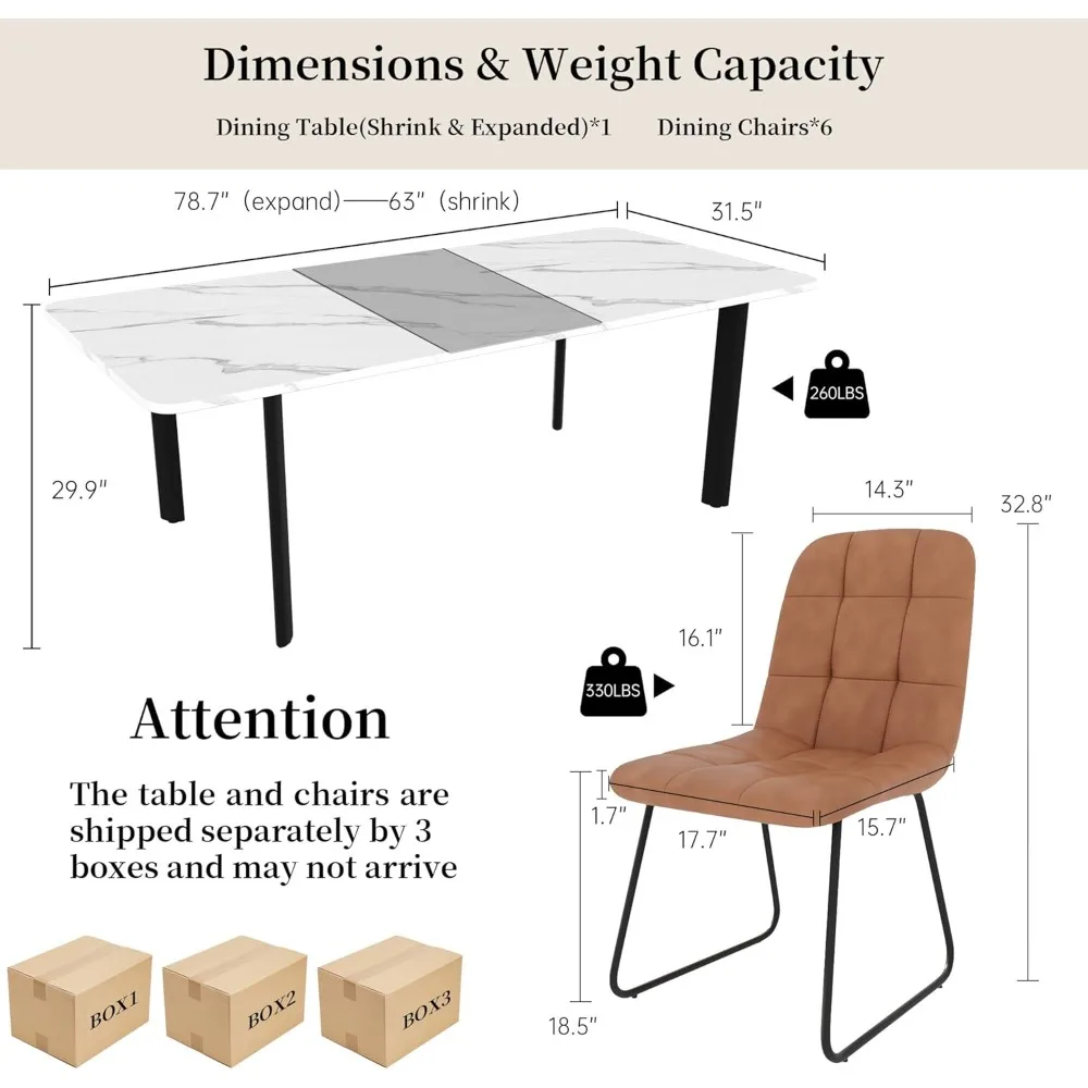 Extendable Dining Table Set for 6-8 People, 63 to 78.7 Inch MDF Kitchen Table with 6 Upholstered Chairs, Space-Saving for Dining - Image 2