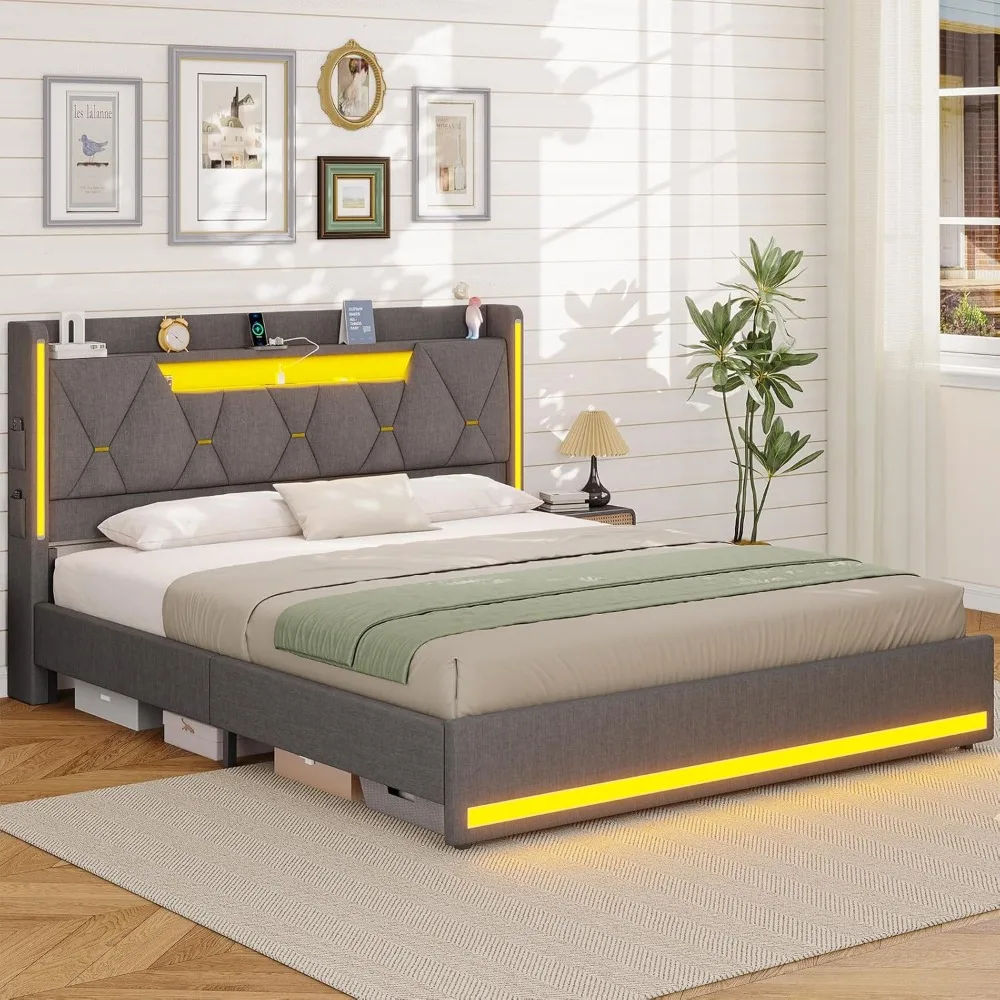 Queen Bed Frame with Headboard, Platform Bed Frame Queen Size with LED Lights & Charging Station, Upholstered Bed Frames with St