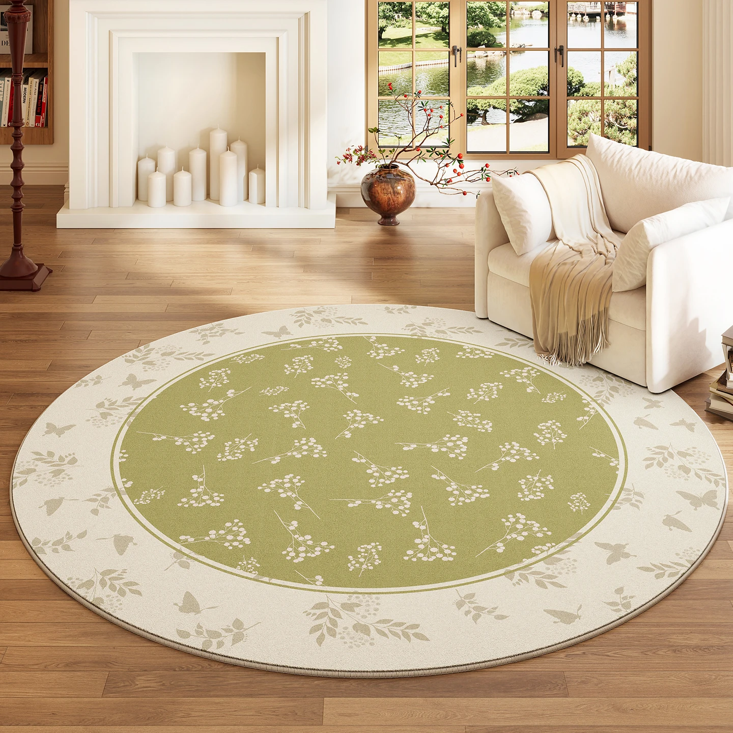 French Style Floral Round Carpet – Washable Green Anti-Slip Rug for Bedroom Living Room Study Home Decor - Image 2