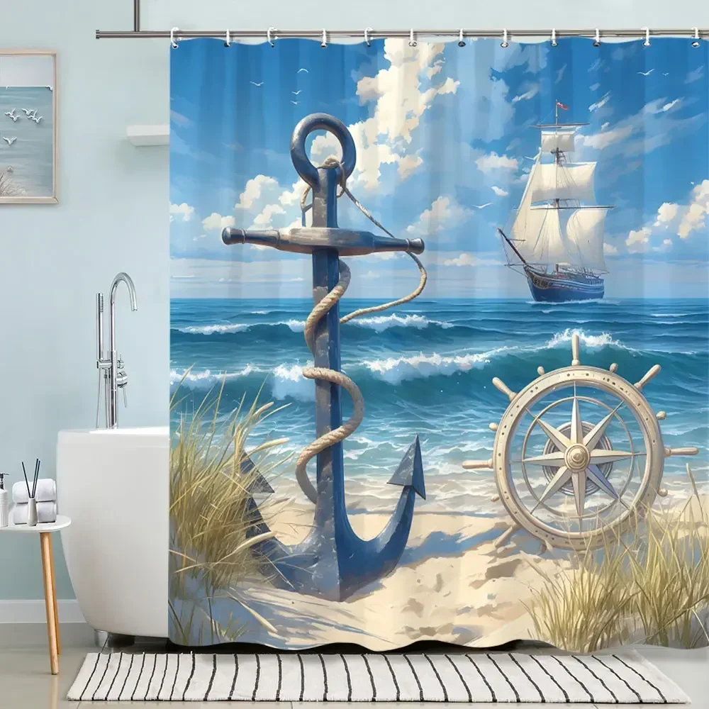 Turtle Shower Curtain Summer Beach Anchor Nautical Starfish Watercolour Art Creative Polyester Shower Curtains Bathroom Decor - Image 13