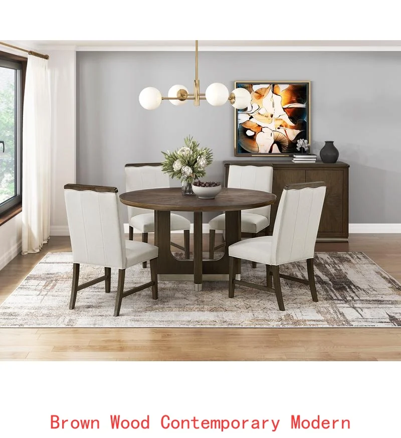 Modern Brown Finish 7-Piece Dining Set with Round Table and 6 Beige Upholstered Side Chairs - Durable Metallic Base, Elegant - Image 8