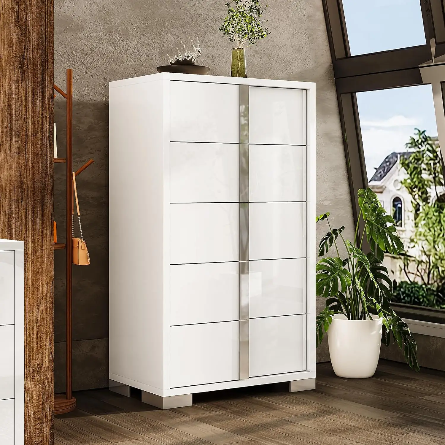 Modern 54" Wide High Gloss Dresser with 6 Drawers, Silver Grooved Handle, Contemporary Storage Chest for Bedroom - Image 8