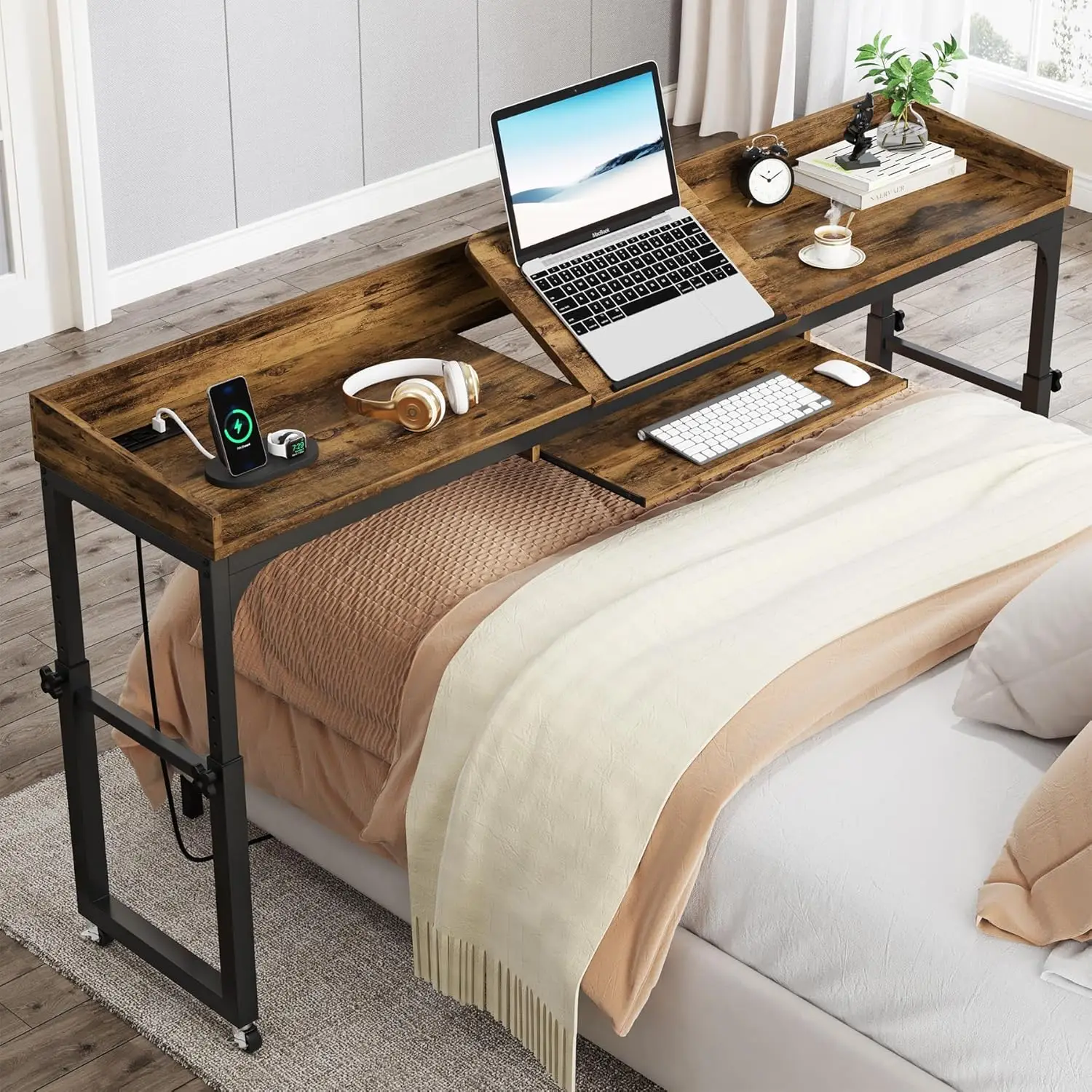 Height Adjustable Overbed Table with Wheels, Queen Size Over Bed Desk with Adjustable, Mobile Laptop Cart Computer Desk - Image 6