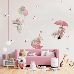 kids room cartoon rabbit with umbrella wall sticker bedroom decoration removable nursery wall art decal