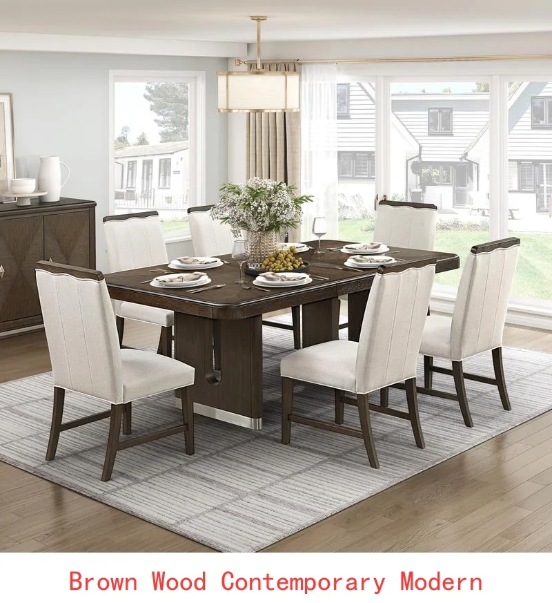 Modern Brown Finish 7-Piece Dining Set with Round Table and 6 Beige Upholstered Side Chairs - Durable Metallic Base, Elegant - Image 11