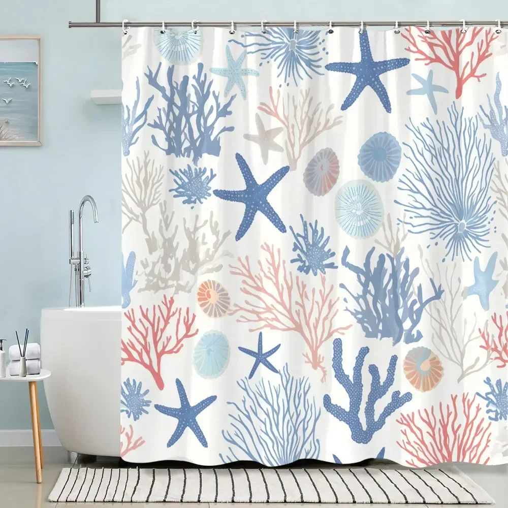 Turtle Shower Curtain Summer Beach Anchor Nautical Starfish Watercolour Art Creative Polyester Shower Curtains Bathroom Decor - Image 4