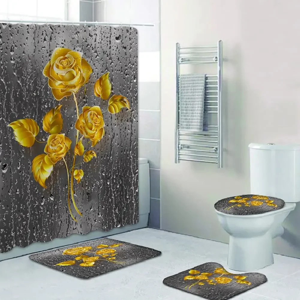 Gold Rose Black Bathroom Set Luxury Shower Curtain with Bath Mat Rug Carpet for Toilet Decor Accessories Shower Curtain Set 4pcs - Image 3