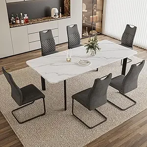 Extendable Dining Table Set for 6-8 People, 63 to 78.7 Inch MDF Kitchen Table with 6 Upholstered Chairs, Space-Saving for Dining - Image 11