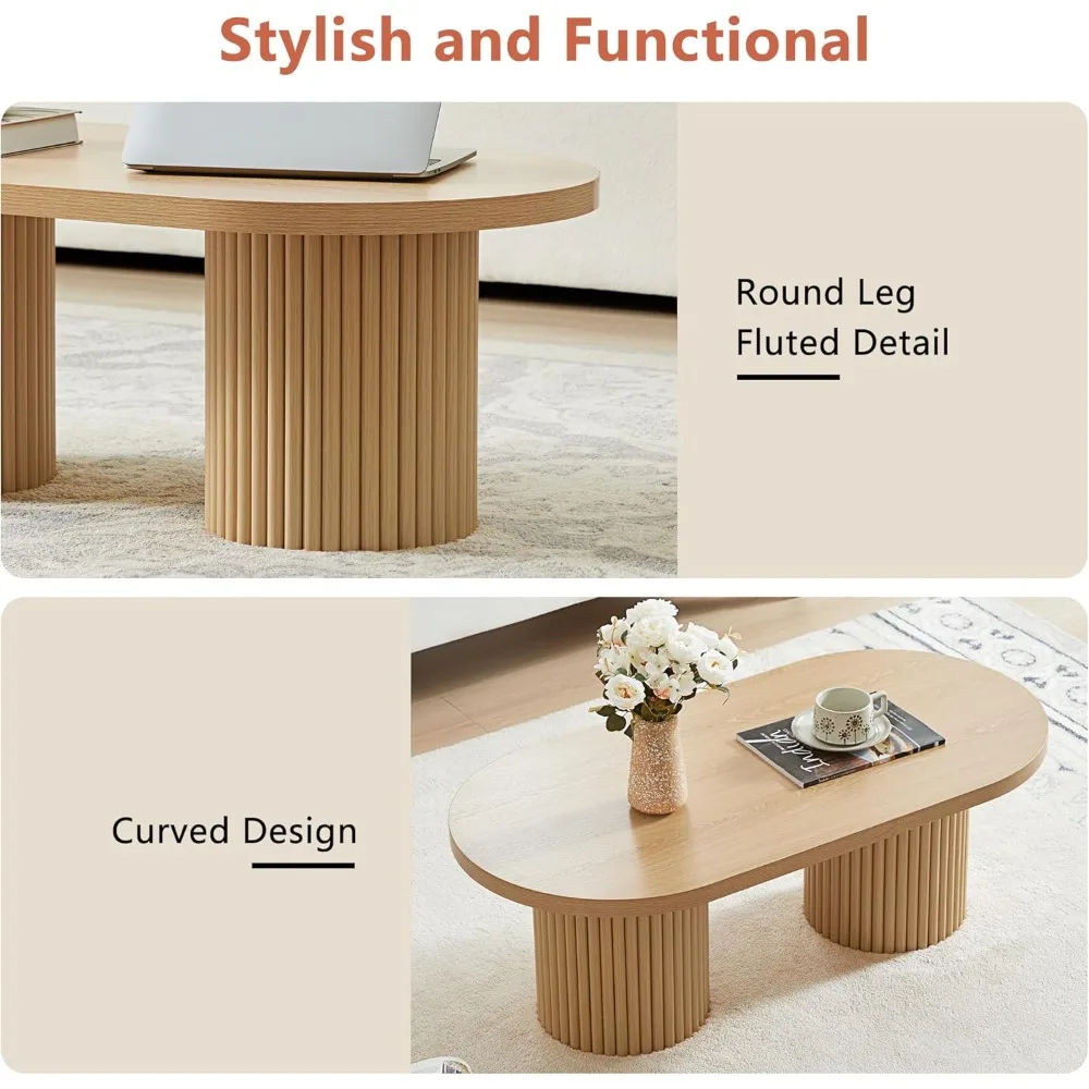 Fluted Oval Coffee Table for Living Room, Boho Modern Coffee Table with Fluted Legs, Curved Round Wood Center Table for Home, S - Image 4