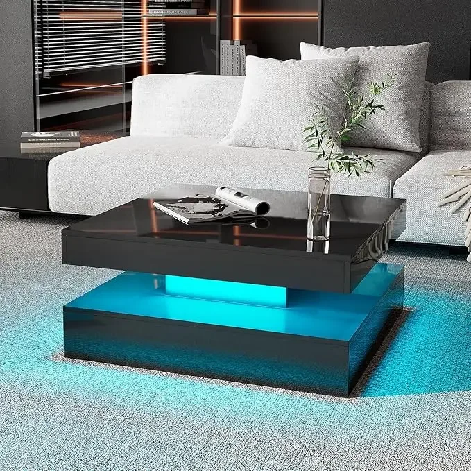 LED Coffee Table with 2 Storage Drawers for Living Room Square Center Middle Table Modern Cocktail Table with Light - Image 20
