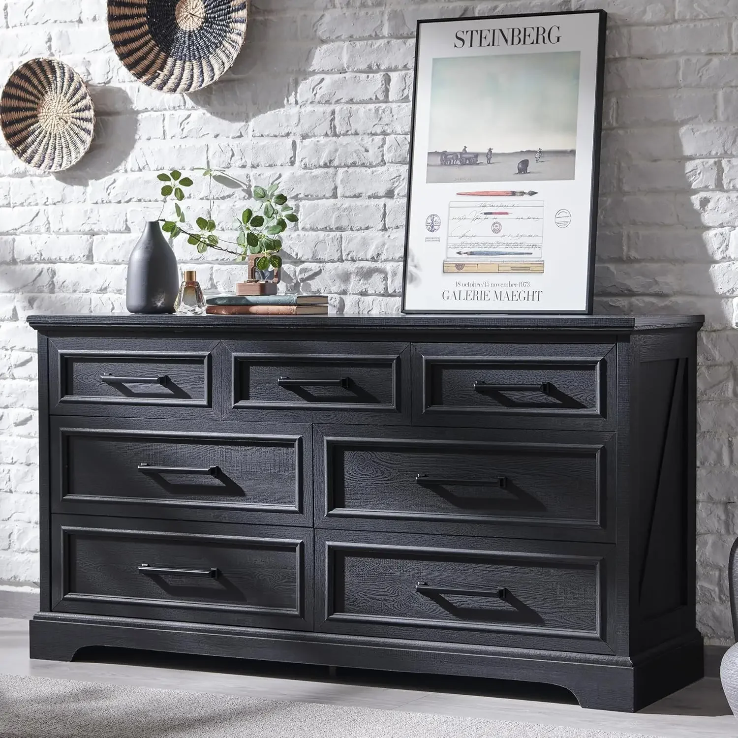 7 Drawer Dresser, Farmhouse Chest of Drawers for Bedroom, 52" Wide Kids Dresser TV Stand with Large Metal Handles - Image 10