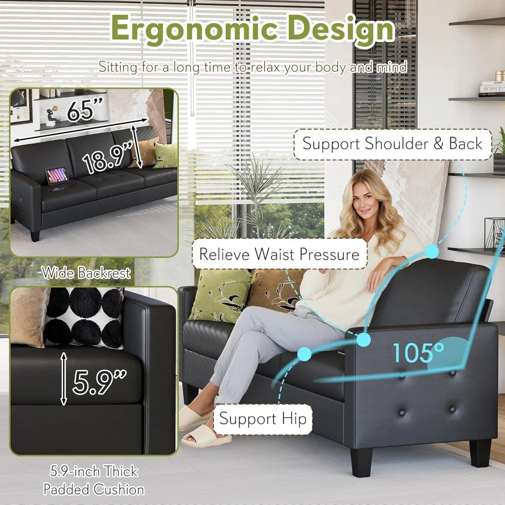 73 Black Faux Leather Sofa Couch, Modern Comfy Office 3 Seater Couch Loveseat with USB and Tufted Armrest, Small Love S - Image 5
