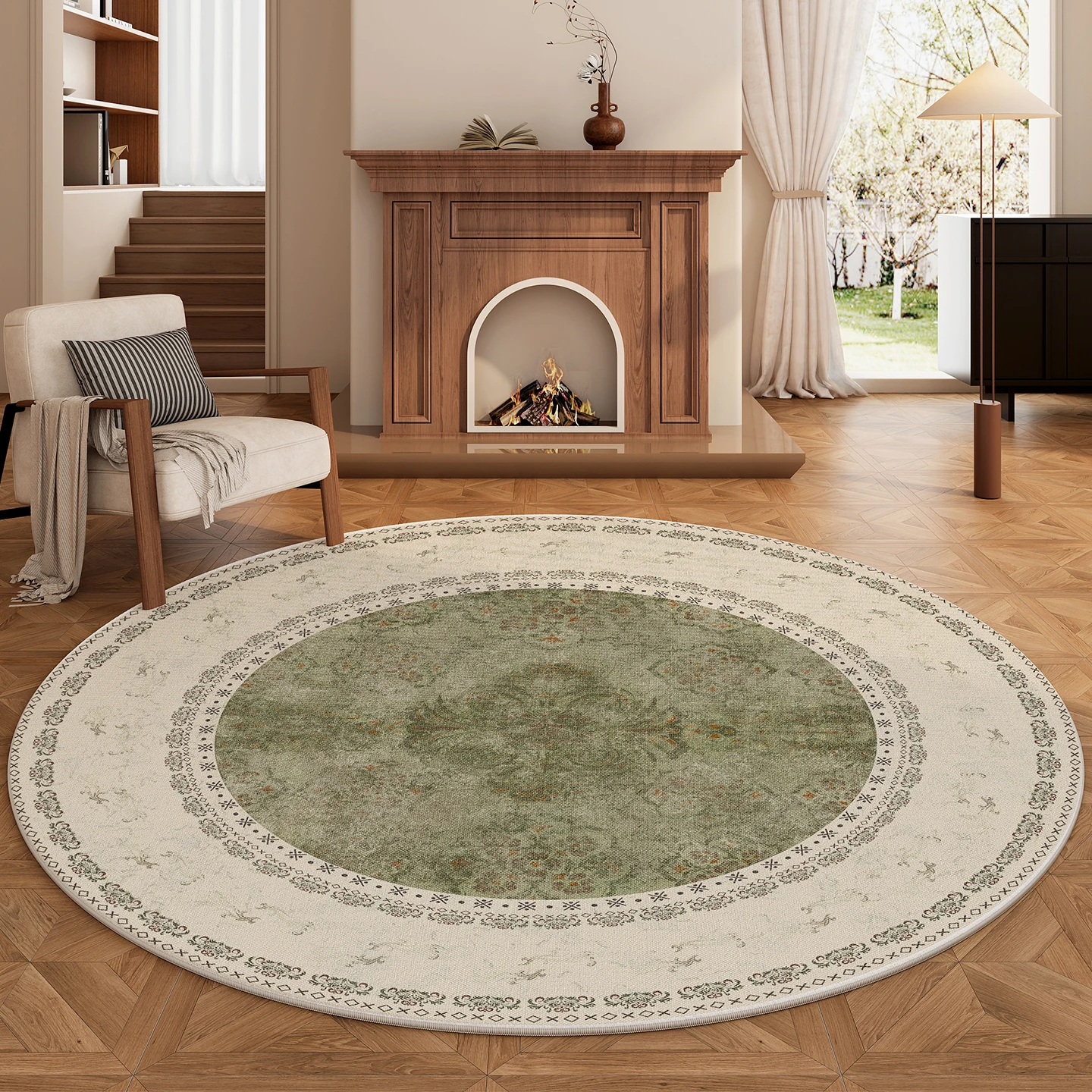 French Style Floral Round Carpet – Washable Green Anti-Slip Rug for Bedroom Living Room Study Home Decor - Image 4