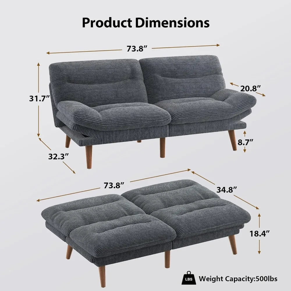 3-in-1 Futon Sofa Bed, 73″ Corduroy Futon Couch with Adjustable Backrest & Ars, Lmrests, Vintage Couch for Small Space Grey - Image 3
