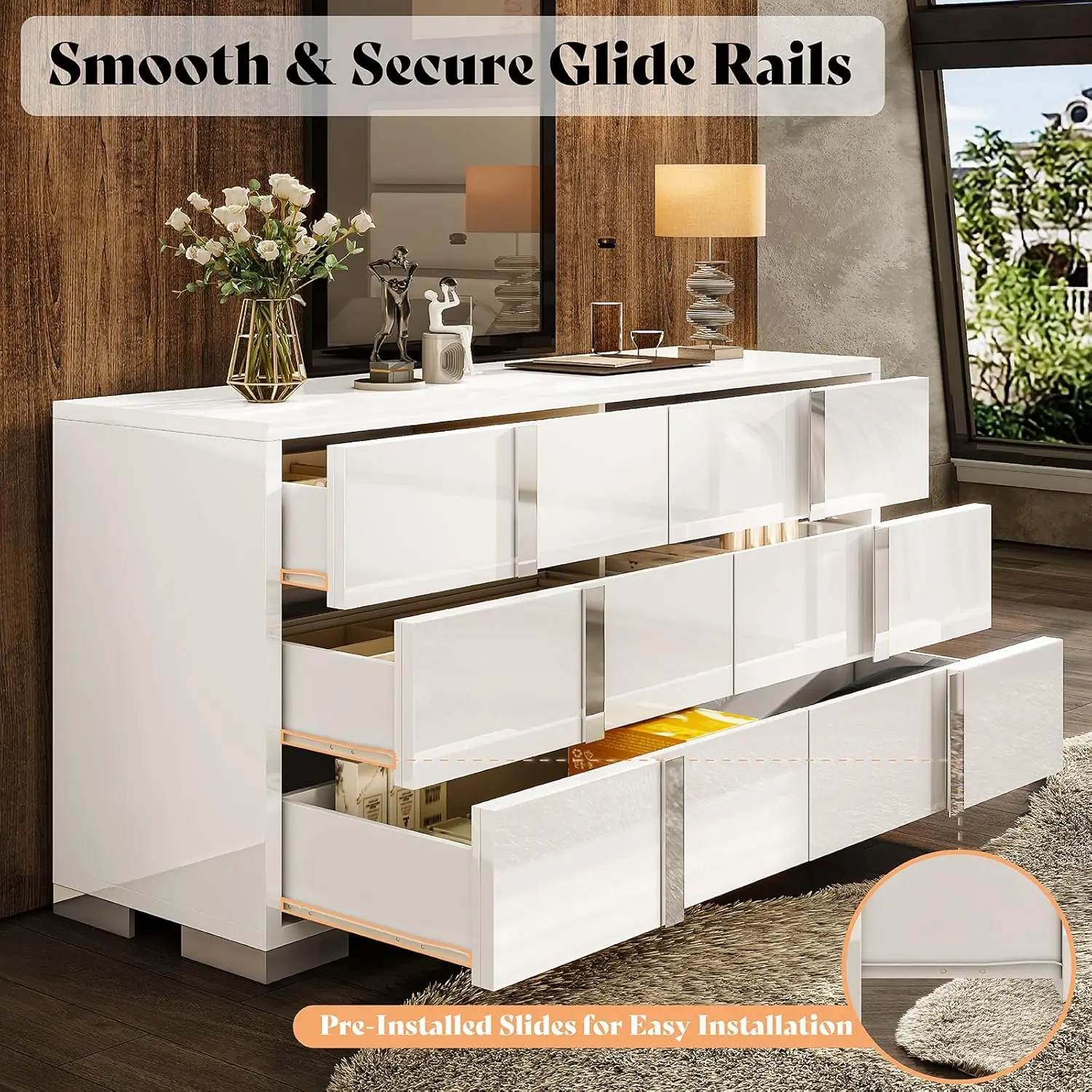 Modern 54" Wide High Gloss Dresser with 6 Drawers, Silver Grooved Handle, Contemporary Storage Chest for Bedroom - Image 3
