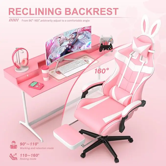Pink Gaming Chair with Footrest,Lovely Cute Bunny Computer Gamer Chair,Kawaii Desk Chair for Granddaughter,Sister,Girlfri - Image 5
