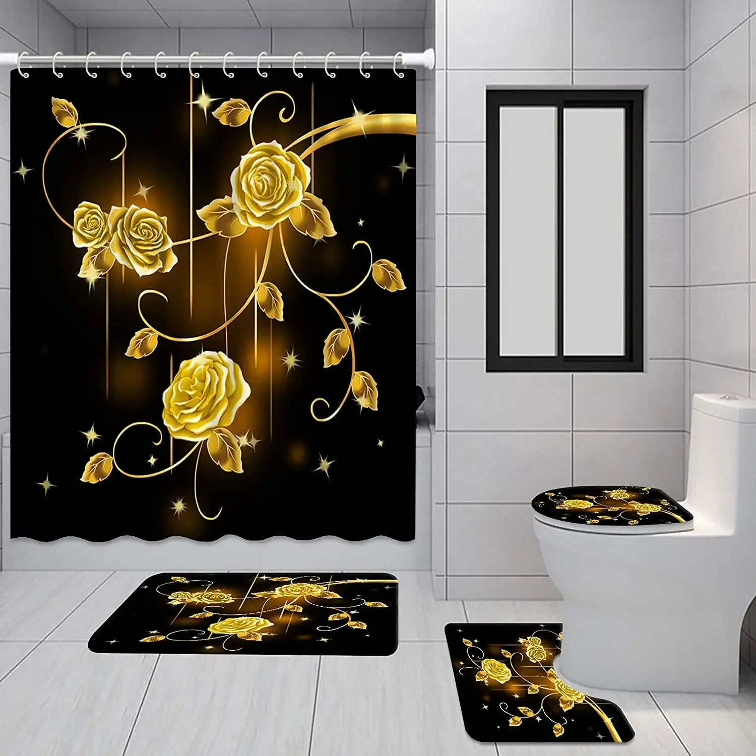 Gold Rose Black Bathroom Set Luxury Shower Curtain with Bath Mat Rug Carpet for Toilet Decor Accessories Shower Curtain Set 4pcs - Image 4