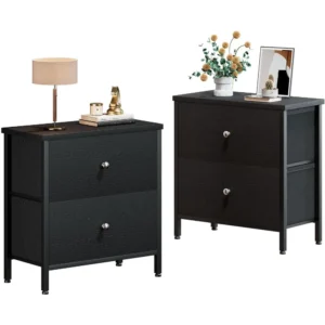 BOLUO Black Nightstands Set of 2, 2 Drawer Dresser for Bedroom Night Stand Small Nightstands End Table with Fabric Drawers Moder