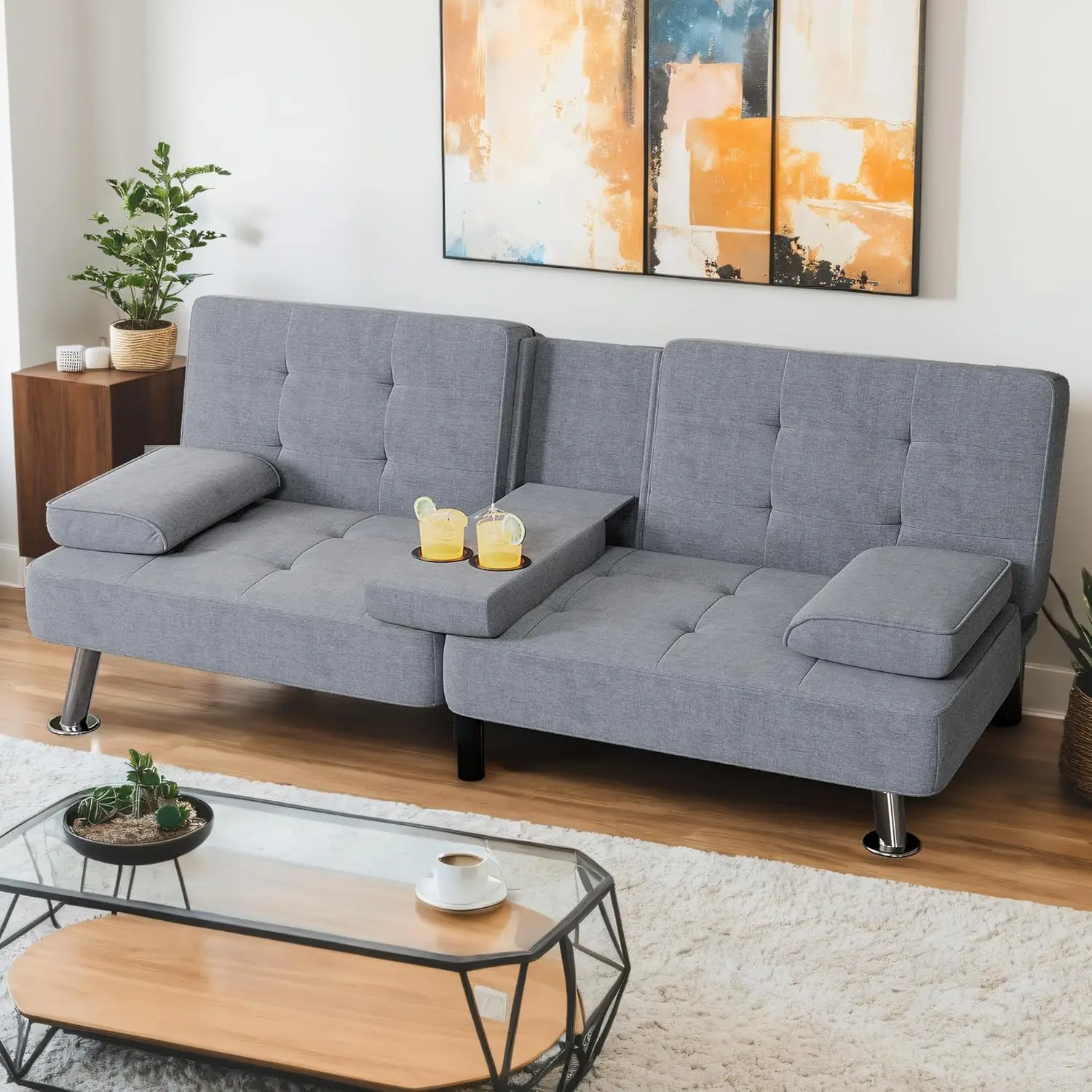 Modern Linen Upholstered Convertible Folding Futon Sofa Bed with Removable Armrests, Metal Legs, 2 Cup Holders for Living Room - Image 7