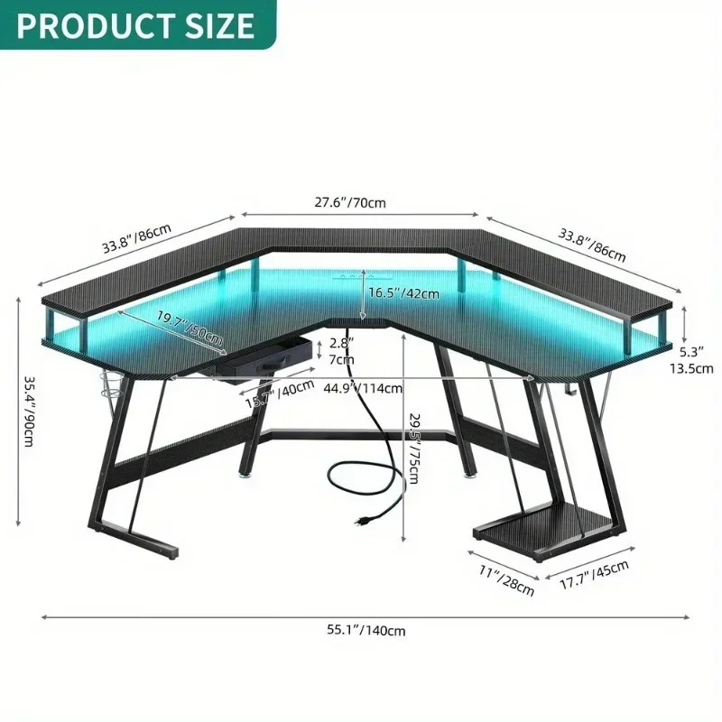 Gaming Desk Corner Table Computer Desk with RGB Light Power Outlets - Image 3