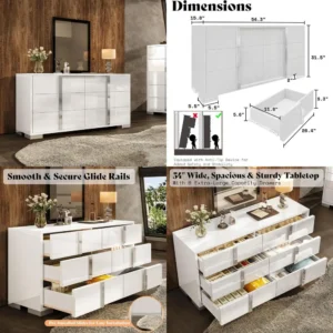 Modern 54" Wide High Gloss Dresser with 6 Drawers, Silver Grooved Handle, Contemporary Storage Chest for Bedroom