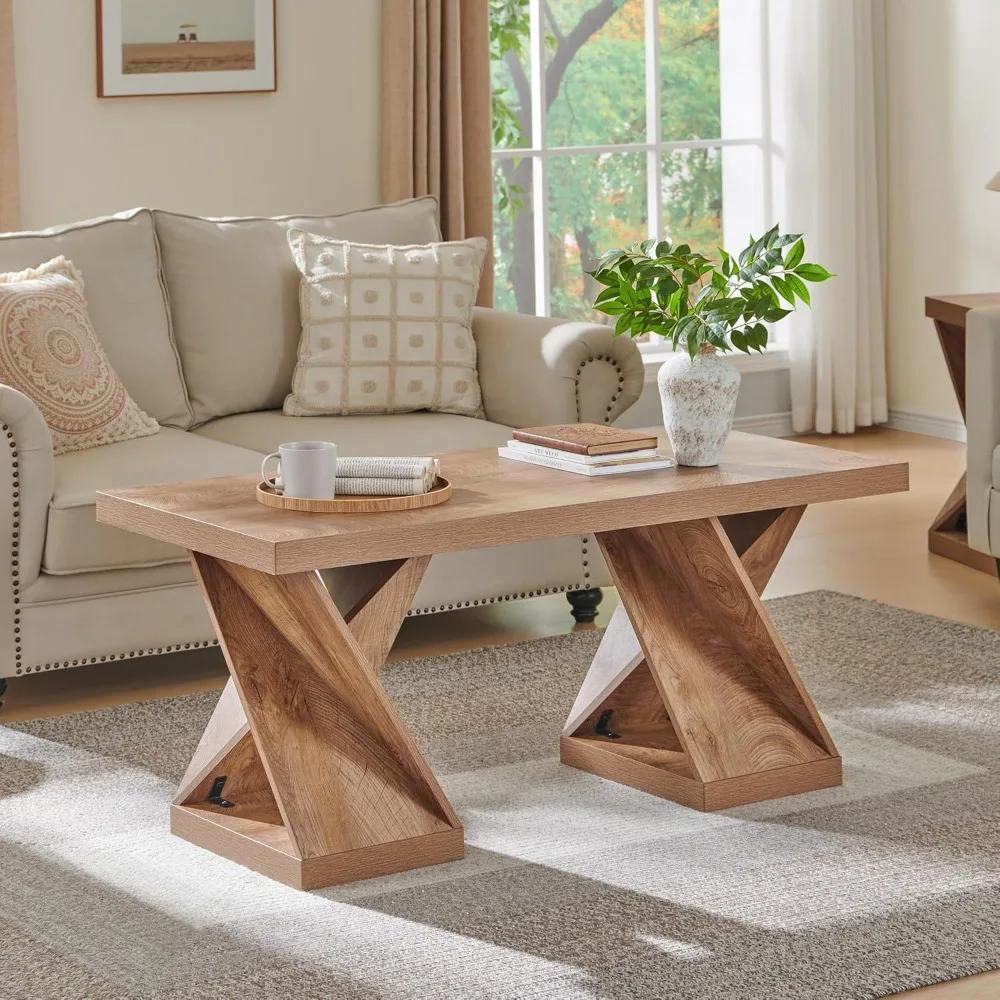 Modern Coffee Table, 48" Twisted Center Table with Wood Thickened Pedestal, Rectangular Rustic Living Room Table, Farmhouse Sto