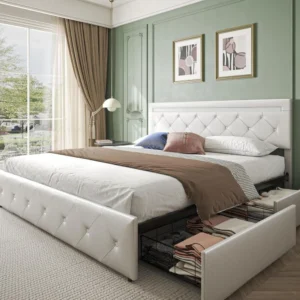 Bed Frame Full Size with LED Light and Storage Drawers, Adjustable Headboard with PU Leather Upholstered, 2 Sockets and 2 USB