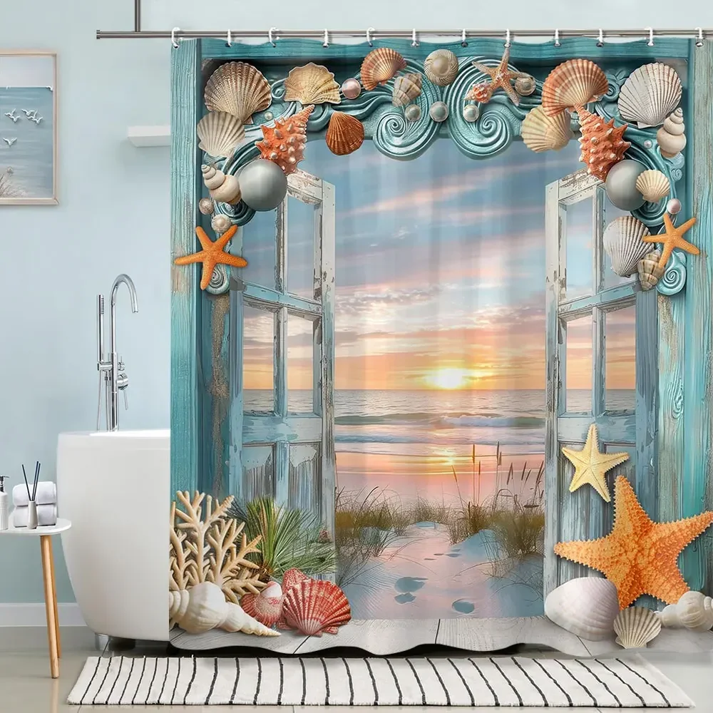 Turtle Shower Curtain Summer Beach Anchor Nautical Starfish Watercolour Art Creative Polyester Shower Curtains Bathroom Decor - Image 12