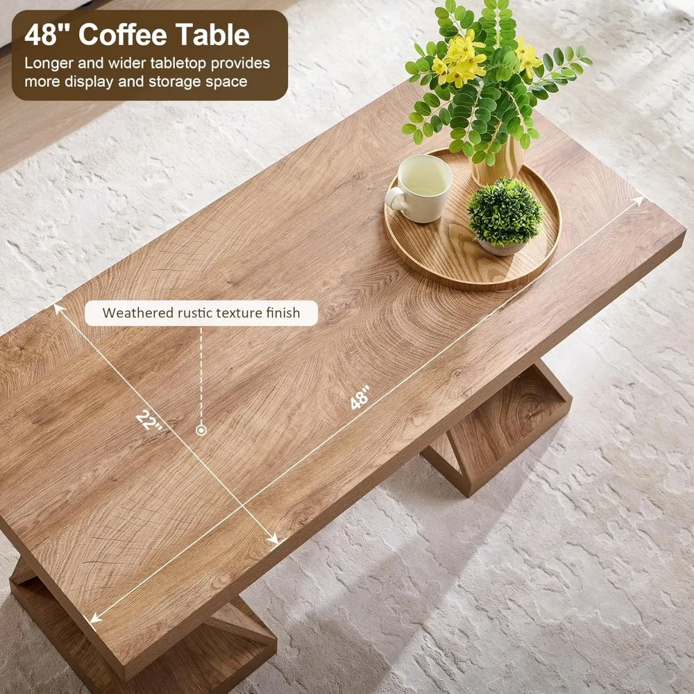 Modern Coffee Table, 48" Twisted Center Table with Wood Thickened Pedestal, Rectangular Rustic Living Room Table, Farmhouse Sto - Image 4