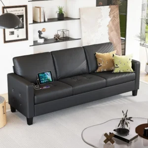 73 Black Faux Leather Sofa Couch, Modern Comfy Office 3 Seater Couch Loveseat with USB and Tufted Armrest, Small Love S