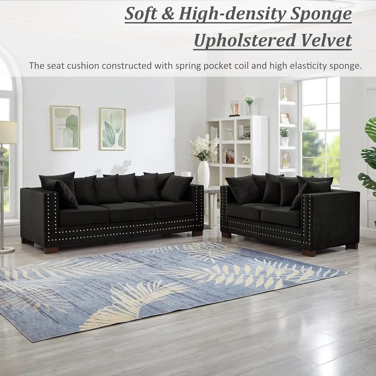 2-Piece Modern Velvet Upholstered 2+3 Seater Sofa Set with Storage Space, Loveseat and Sofa Couch with Silver Nail Trim - Image 5