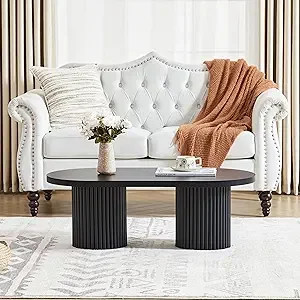 Fluted Oval Coffee Table for Living Room, Boho Modern Coffee Table with Fluted Legs, Curved Round Wood Center Table for Home, S - Image 9