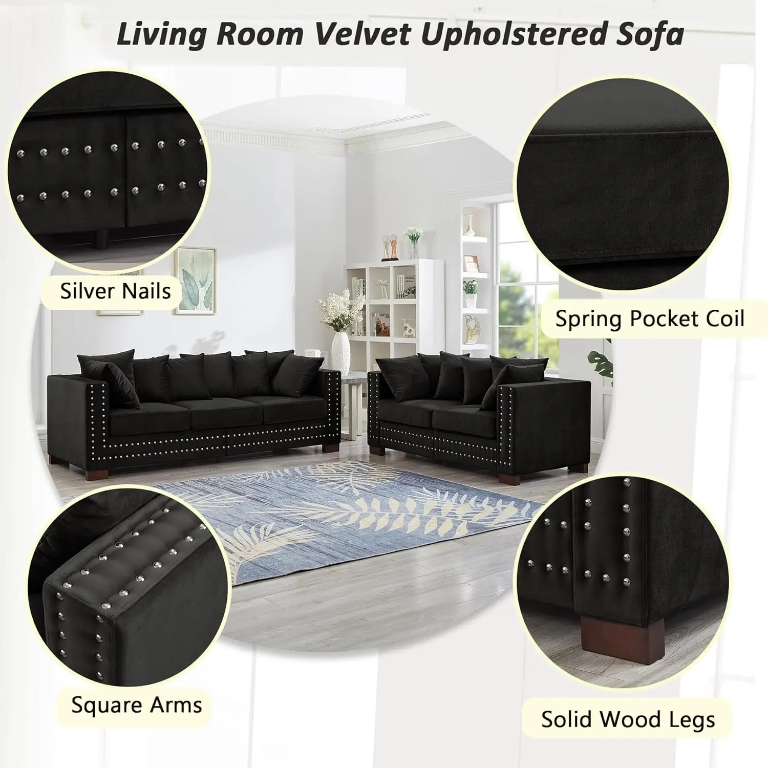 2-Piece Modern Velvet Upholstered 2+3 Seater Sofa Set with Storage Space, Loveseat and Sofa Couch with Silver Nail Trim - Image 3