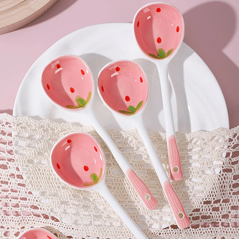 1Pc Cute Strawberry Ceramic Soup Spoon Ice Cream Hand Painted Coffee Dessert Long Handle Spoon Kitchen Tableware Accessories