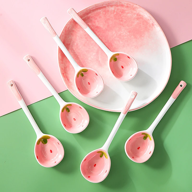 1Pc Cute Strawberry Ceramic Soup Spoon Ice Cream Hand Painted Coffee Dessert Long Handle Spoon Kitchen Tableware Accessories - Image 4