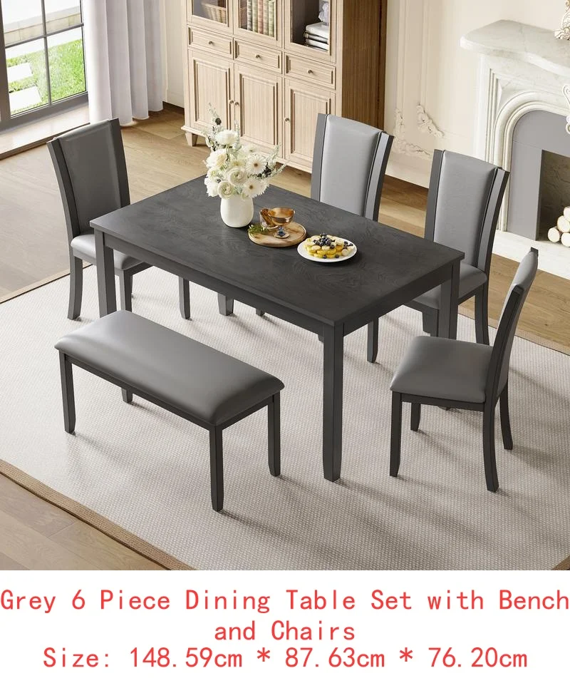 6-Piece Dining Table Set with Bench and Chairs, Wooden Farmhouse Style Dining Set for 6 People, Dark Walnut Finish for Dining - Image 8