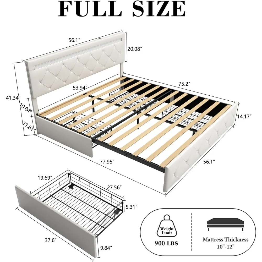 Bed Frame Full Size with LED Light and Storage Drawers, Adjustable Headboard with PU Leather Upholstered, 2 Sockets and 2 USB - Image 2