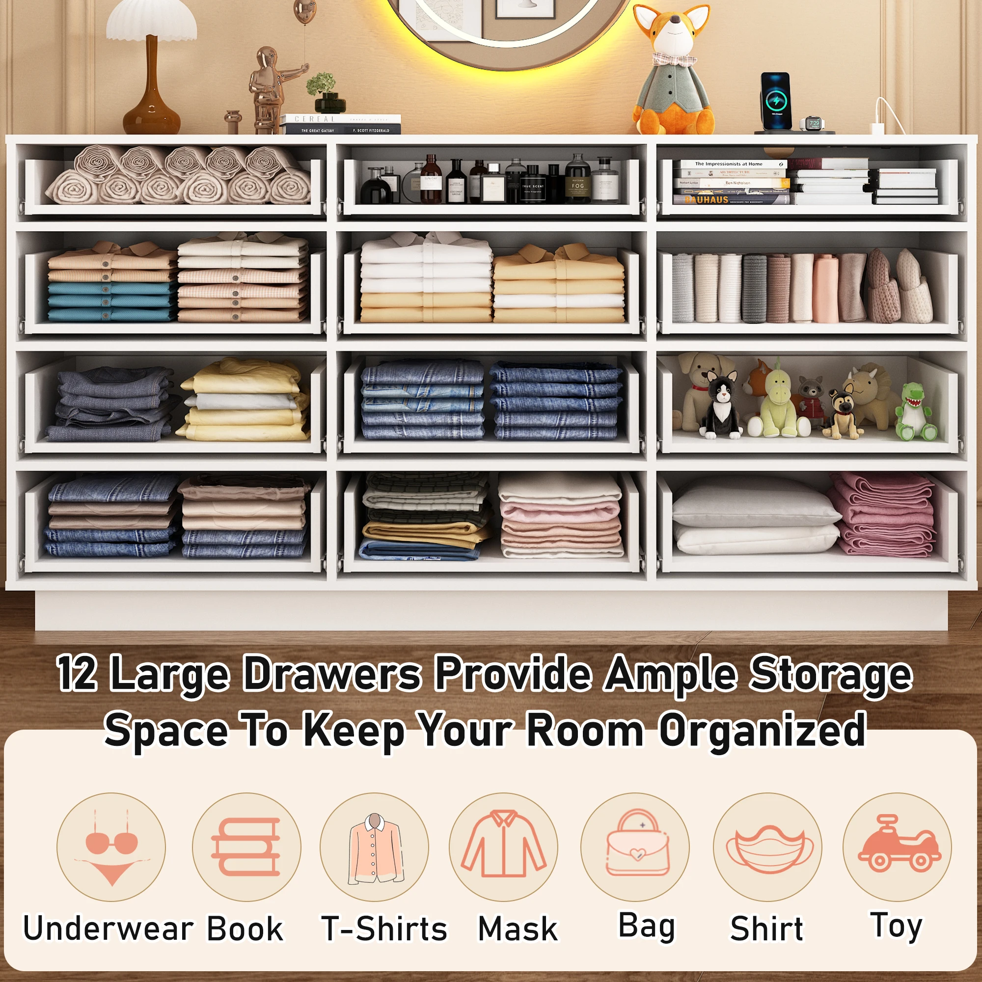 12 Drawer Dresser for Bedroom, 63'' Modern Chest of Drawers with Power Outlets & LED Lights, Wood Dresser for Living Room - Image 4