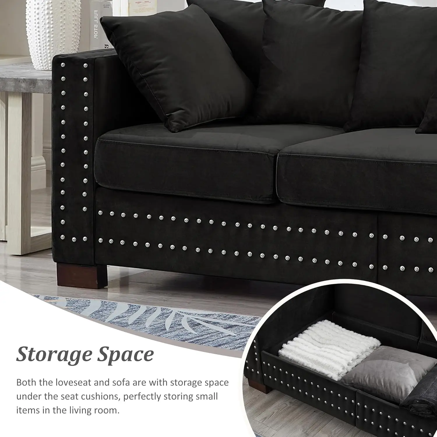 2-Piece Modern Velvet Upholstered 2+3 Seater Sofa Set with Storage Space, Loveseat and Sofa Couch with Silver Nail Trim - Image 4