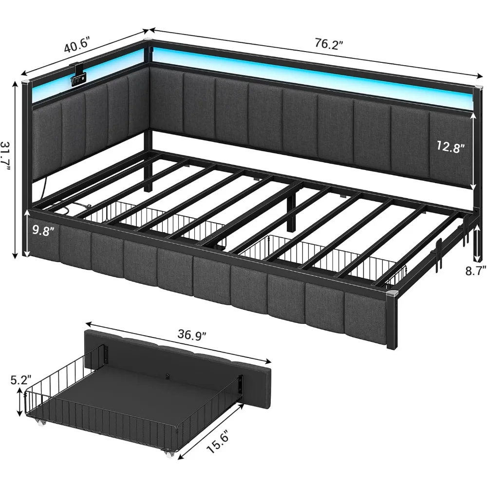 Twin Size Corner Bed Frame with Storage, Daybed with Linen Upholstered Backrest, Children's Bed with LED Lighting - Image 3