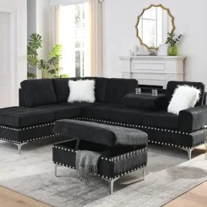 Living Room Furniture Sets, Reversible L-Shaped Sectional Sofa Couch Storage Ottoman and Cup Holders