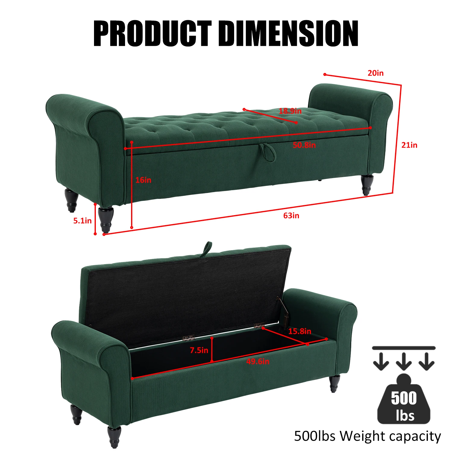 63’’ Storage Ottoman, Upholstered Tufted End of Bed Storage Bench, Ottoman with Storage for Living Room, Bedroom - Image 4