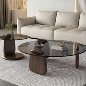 Glass Round Coffee Table Nesting Table Set of 2, Rustic Low Coffee Table Modern Center Table with Wood Base, Brown Glass Accent