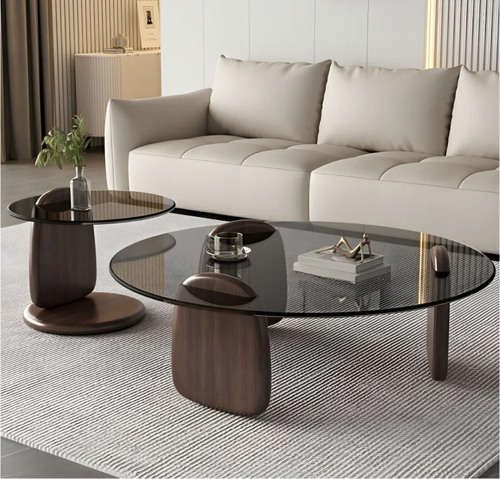 Glass Round Coffee Table Nesting Table Set of 2, Rustic Low Coffee Table Modern Center Table with Wood Base, Brown Glass Accent